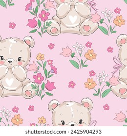 Patrón sin costuras infantil con ositos de peluche dibujados a mano y flores. Vector de moda