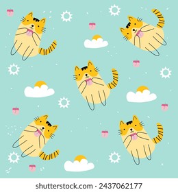 Childish Seamless Muster Hand gezeichnet Cute Drinking Cat, Wolke, Sonne geeignet für Tapete, Stoff, Textildesign, Bettlaken, Sofa Kissen Muster, Schreibwaren, Geschenkpapier, Tasche, Tragetasche