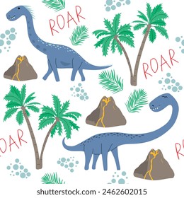 Childish seamless pattern with hand drawn dino. Cute background with dinosaurs, volcanoes, palm trees. Creative children's vector illustration for scrapbook paper, prints, background, wallpaper