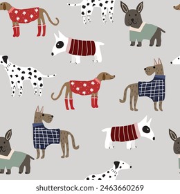 Childish seamless pattern with hand drawn dogs, trendy Scandinavian vector background, suitable for children's clothing, fabric, textiles, nursery decorations, wrapping paper.