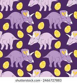 Childish seamless pattern with hand drawn dinosaurs. Chasmosaurus dino vector illustration for baby girls bedding and pajamas