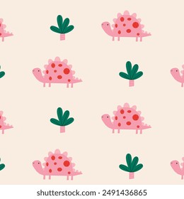 Childish seamless pattern with hand drawn dino in scandinavian style. Dinosaurs .  Colorful Dino design. Perfect for kids fabric, textile, nursery wallpaper. Cute dino design.