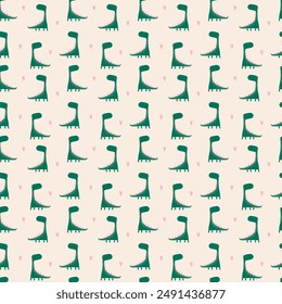 Childish seamless pattern with hand drawn dino in scandinavian style. Dinosaurs .  Colorful Dino design. Perfect for kids fabric, textile, nursery wallpaper. Cute dino design.