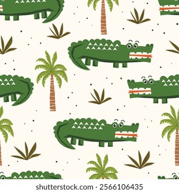 Childish seamless pattern with hand drawn cute crocodiles and palm tree. Vector illustration.