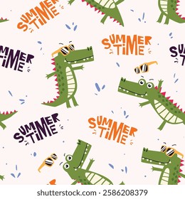 Childish seamless pattern with hand drawn cute crocodiles with sunglasses in summer time. Vector illustration.