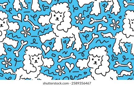 Childish seamless pattern with hand drawn maltese puppies. Perfect for kids apparel, fabric, textile, nursery decoration, wrapping paper