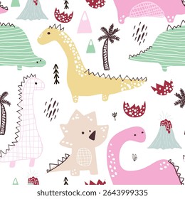 Childish seamless pattern with hand drawn dino in scandinavian style. Creative pastel vector childish background for fabric, textile