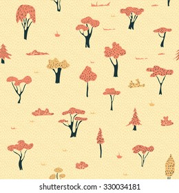 Childish seamless pattern. Hand drawn trees and other elements. Childish design.
