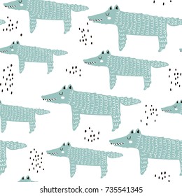 Childish seamless pattern with hand drawn wolf. Trendy scandinavian vector background. Perfect for kids apparel,fabric, textile, nursery decoration,wrapping paper