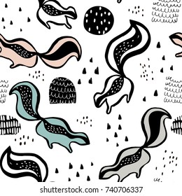 Childish seamless pattern with hand drawn skunk. Trendy scandinavian vector background. Perfect for kids apparel,fabric, textile, nursery decoration,wrapping paper