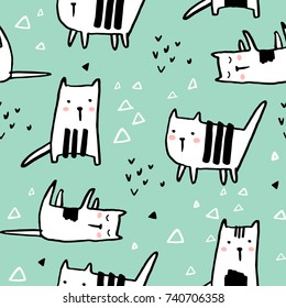 Childish seamless pattern with hand drawn cats. Trendy scandinavian vector background. Perfect for kids apparel,fabric, textile, nursery decoration,wrapping paper