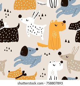 Childish seamless pattern with hand drawn dogs. Trendy scandinavian vector background. Perfect for kids apparel,fabric, textile, nursery decoration,wrapping paper