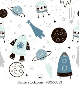 Childish seamless pattern with hand drawn space elements space, rocket, star, planet, space probe. Trendy kids vector background.