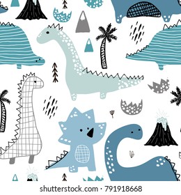 Childish seamless pattern with hand drawn dino in scandinavian style. Creative vector childish background for fabric, textile