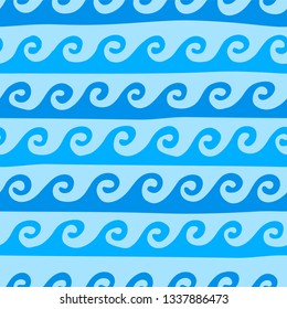 Childish seamless pattern with hand-drawn blue waves on a light blue background. Scandinavian trends vector illustration. Easy to edit color and thickness of lines.