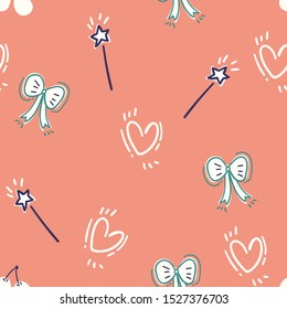 Childish seamless pattern with hand-drawn bow, hearts, stars. Cute baby texture for fabric,wrapping,textile, wallpaper,apparel.Vector illustration