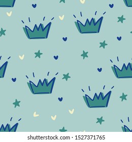 Childish seamless pattern with hand-drawn crowns and stars. Cute baby texture for fabric,wrapping,textile, wallpaper,apparel.Vector illustration