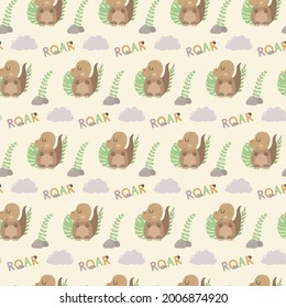 Childish seamless pattern with hand-drawn cute dinosaurs. Vector illustration of baby dino. Vector stock illustration. Background with dinosaur, lettering and leaves