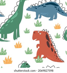 Patrón infantil sin costuras con dinosaurios dibujados a mano.
