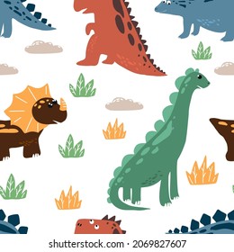 Childish seamless pattern with hand-drawn dinosaurs.