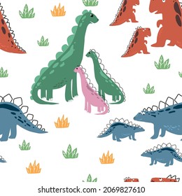 Patrón infantil sin costuras con dinosaurios dibujados a mano mamá con bebé.