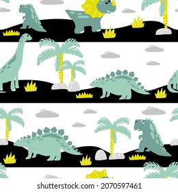 Childish seamless pattern with hand-drawn dinosaurs.