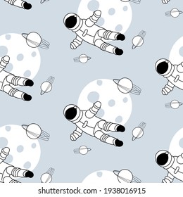 
Childish seamless pattern with handmade space elements of space, astronaut, moon, planet, space probe. Trendy kids vector background.