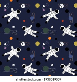 
Childish seamless pattern with handmade space elements of space, astronaut, moon, planet, space probe. Trendy kids vector background.