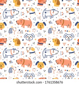 Childish Seamless Pattern with Happy Cute Dogs, Triangles and Stars. Doodle Cartoon Funny Puppies Geometric Vector Background for Kids. Abstract Wallpaper with Pet Animals for Baby Fashion