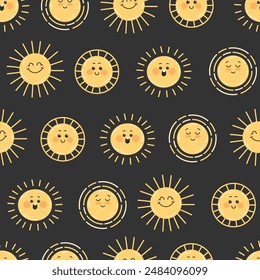 Childish seamless pattern with happy yellow sun smiling on dark background