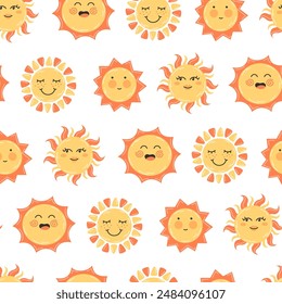 Patrón sin costuras infantil con sol amarillo feliz sonriendo sobre fondo blanco