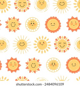 Childish seamless pattern with happy yellow sun smiling on white background