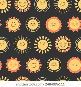 Childish seamless pattern with happy yellow sun smiling on dark background