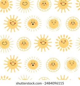 Childish seamless pattern with happy yellow sun smiling on white background