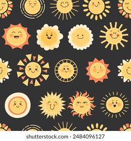 Childish seamless pattern with happy yellow sun smiling on dark background