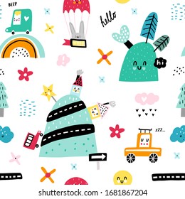 Childish seamless pattern with hills, forest, cars and flowers. Good for kids fabric, textile, nursery wallpaper. Kids pattern.