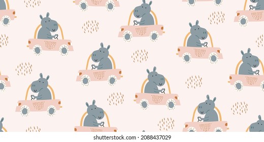 Childish seamless pattern with hippo driver with dots. Vacation adventure concept. Vector illustration design for fashion fabrics, textile graphics, prints