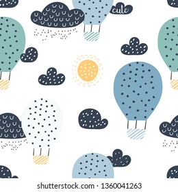 Childish seamless pattern with hot air ballon in the sky. Perfect for fabric, textile, wrapping. Cute cartoon background. Scandinavian style.