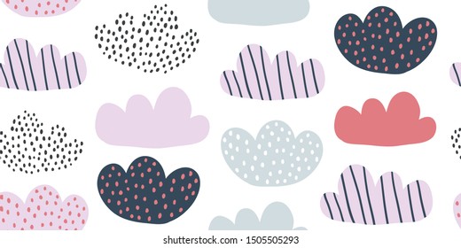 Childish seamless pattern with hot air ballon in the sky. Cute cartoon background in minimalistic scandinavian design style. Pastel colors. Perfect for fabric, textile, wrapping for girl. Kids pattern