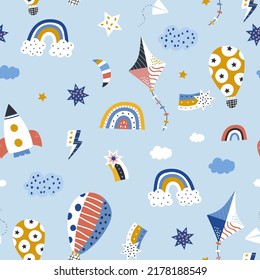 Childish Seamless Pattern With Hot Air Ballon, Rocket, Kite, Stars In The Sky. Cute Cartoon Background. Perfect For Fabric, Textile, Wrapping.Vector Illustration