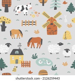 Childish Seamless Pattern With  House, Mill And Farm Animals. Small Village. Can Be Used For Textile, Nursery, Wallpaper.