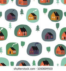 Childish seamless pattern with house and trees. Nordic nature landscape concept. Perfect for kids fabric, textile, nursery wallpaper. Scandinavian style.