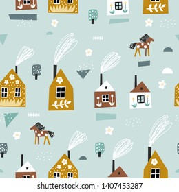 Childish seamless pattern with house, trees, horses and flowers. Europe nature landscape concept. Perfect for kids fabric, textile, nursery wallpaper. Seamless green background.