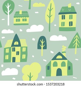Childish seamless pattern with houses and trees. Perfect for children's textiles. Hand-drawn illustration.
