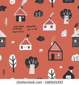 Childish seamless pattern with houses, trees and clouds. Creative childish texture for fabric, wrapping, textile, wallpaper, apparel. Vector illustration
