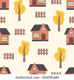 Childish seamless pattern with houses, trees.Creative childish texture for fabric, wrapping, textile, wallpaper, apparel. Vector illustration