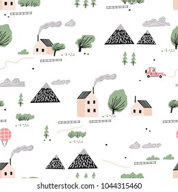 Childish seamless pattern with house,trees and mountains. Nordic nature landscape concept. Perfect for kids fabric, textile, nursery wallpaper. Scandinavian style.
