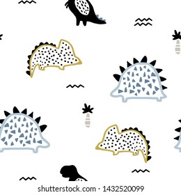 Childish seamless pattern with ink drawn dino, palm trees and abstract textures in scandinavian style. Creative vector childish background for fabric, textile