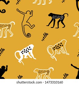 Childish seamless pattern with ink drawn monkey in scandinavian style. Creative kids texture for fabric, wrapping, textile, wallpaper, apparel. Orange background.