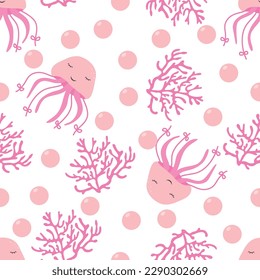 Childish seamless pattern with jellyfish and corals in pink. Vector pattern with marine life in a flat style.
